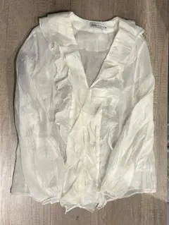 ZARA フリルブラウス アイボリー EUR S シアー 長袖のサムネイル