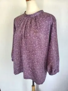 着物リメイク小紋　スタンドカラー　フロントギャザーゆったりブラウス　八分袖