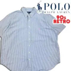 90s ポロ ラルフローレン シアサッカー 半袖シャツ 2XB ブルー