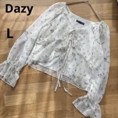 【シーイン】ノーカラー花柄フラワープリントシフォンブラウス長袖シアー　白L