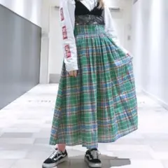 【美品】Ray BEAMS チェックギャザーロングスカート グリーン フレアのサムネイル