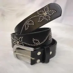 スタッズベルト 黒アメカジ ウエスタン y2k花フラワー クリアストーン　ギャル