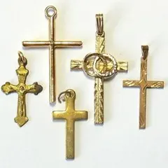 4》欧米アンティーク聖品 ゴールドクロス5点 小さめ ロザリオ 十字架 パーツ
