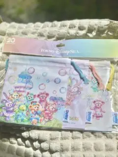 新品　ダッフィー20周年　きんちゃく　3枚　カラフルハピネス　ダッフィフレ　巾着