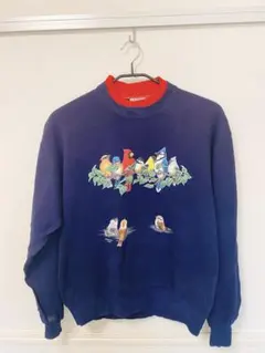 希少 90s Morning Sun 襟付 鳥プリントスウェット ネイビー　M
