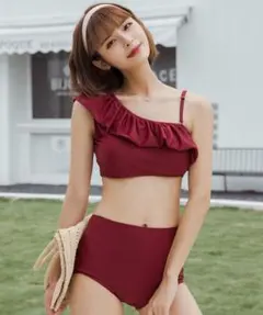 【水着】フリルワンショルダーハイウエストビキニ 2点セット
