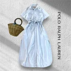 【美品】ポロラルフローレン デニム シャツワンピース 半袖 綿 麻 水色 M
