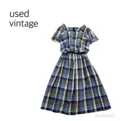 used vintage レトロ チェック スクエア フレア ワンピース