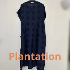 Plantation ドット柄 半袖 ロングワンピース ネイビーのサムネイル