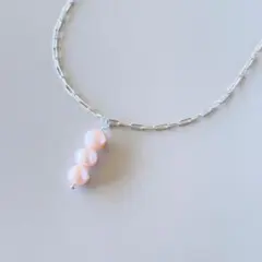 3連バロックパール チェーンネックレス 上品 ロジウム 淡水パール