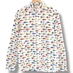 H&M シャツ M 飛行機柄 ホワイト 総柄 お洒落 ボタンダウン 個性的