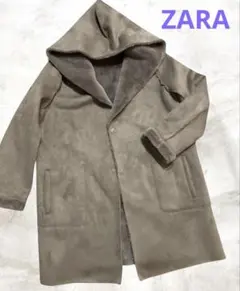 ZARA スエード風フード付きムートンコート L ベージュ