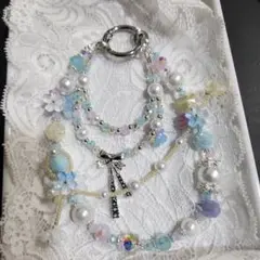 ハンドメイド携帯ビーズストラップ 青と白