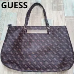 GUESS　トートバッグ　ゲス　PVC　メタルプレート　ブランドロゴ　総柄　豹柄