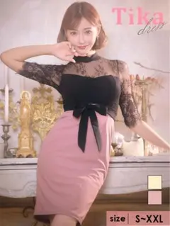 ハイネック刺繍レースタイトミディドレス3L ブラック ダスティピンク ティカ