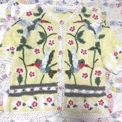 US vintage 花×鳥　総柄　コットンセーター　カーディガン　半袖