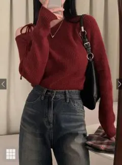 ワンショルダーリボンリブニットトップス[th004]