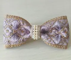 インド刺繍とパールのリボンヘアピン パッチン ラベンダーパープル