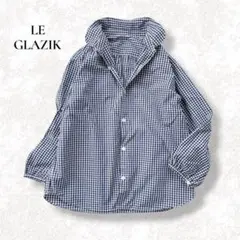 LE GLAZIK ギンガムチェック 長袖シャツ ネイビー　丸襟　36 羽織のサムネイル