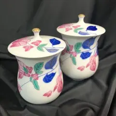 【匿名配送/美品】香蘭社/有田焼/ブーゲンビリア/夫婦湯呑み/組湯のみ/蓋付