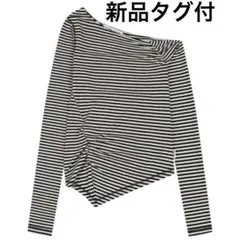 STRIPE ASYMMETRIC SHIRRING T-SHIRT IVORYのサムネイル