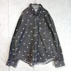 ​レトロ古着 Eddy ひつじ総柄 アニマル デニムシャツ 黒 L BDシャツ