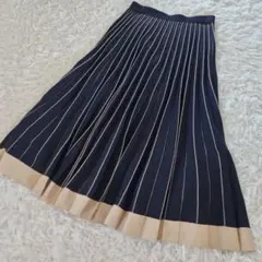 HYALINES ロング スカート プリーツ ストライプ ネイビー M