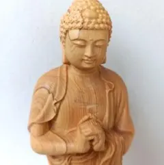 【難あり】阿弥陀如来　お釈迦様　釈迦如来　仏像　合掌　立像　木彫り　木製　置物のサムネイル
