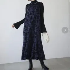 新品【Remit】ネイビー花柄フレアロングワンピース　F ゆったり　裏地有