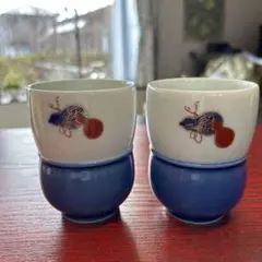 お値下げ　深川製磁　百年庵　陶器製 湯飲み 金彩瓢箪伝統模様 白青
