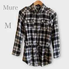 ドロストチェックシャツ　チュニック丈　ラメ　長袖　ブラック系　M 秋冬