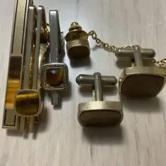 タイガーアイ 虎目石 ネクタイピン タイタック カフスボタンセット