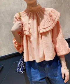 【美品】IENA LA BOUCLE ドビードットレースブラウス　ピンクのサムネイル