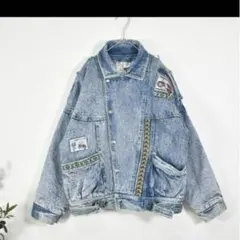 ★ 海外古着 中綿 デニムブルゾン ★ ボンバージャケット ワッペン ケミカル