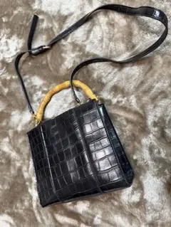 バンブーハンドル 黒 合成皮革 ハンドバッグ　ショルダーバッグ