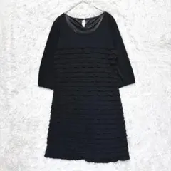 ワンピース　ブラック　ひざ丈　フリル　長袖　L 大きめ　ゆったり　大人可愛い