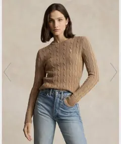 ラルフローレン ケーブルニット コットン クルーネック セーター　キャメル　M