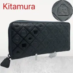美品 Kitamura キタムラ 長財布 ラウンドファスナー バッグ模様 紺のサムネイル