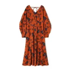 ナチュラルビューティーベーシック◇花柄 オレンジ Vネック 長袖ワンピース