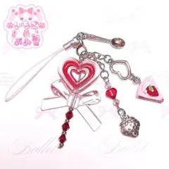 【255】 ビーズキーホルダー 赤 ピンク ハート リボン スイーツ 平成女児