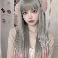 セール★ロングストレートウィッグシルバーグレーパステルピンクコスプレロリータ仮装のサムネイル