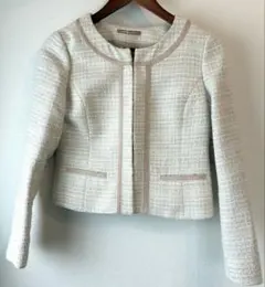 ツイード ノーカラージャケット　ナチュラルビューティー　S ベージュ　ホワイト