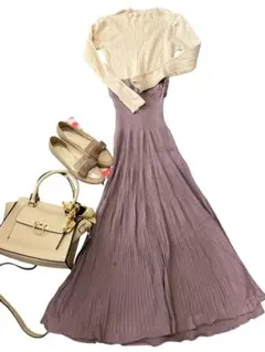 淡色ニットロングワンピース Mパープル×ホワイト デート 食事会 顔合わせ 美品