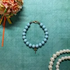 くすんだ水色ビーズの十字架モチーフレトロ調ブレスレット《 早い者勝ちです！！》