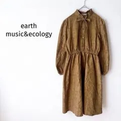 Z【アース】花柄ワンピース M 長袖 茶色 リボン ウエストゴム 裏地付 綺麗め