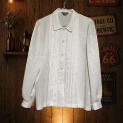 【白ブラウス】古着女子 プリーツ 長袖ブラウス レトロ古着 エレガント