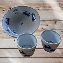 新品未使美濃焼 エビと菊唐草の蕎麦猪口＆薬味皿【全4点】ソバチョコ