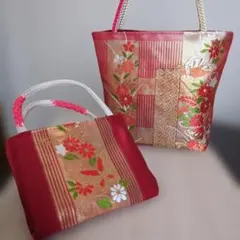 帯リメイク❀赤と金の花柄刺繍トートバッグ2点セット