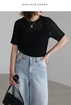 【新品】 BONJOUR SAGAN ストレッチレースTシャツ ブラックのサムネイル