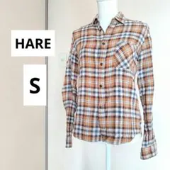 HARE コットン オレンジ系チェック柄長袖シャツ